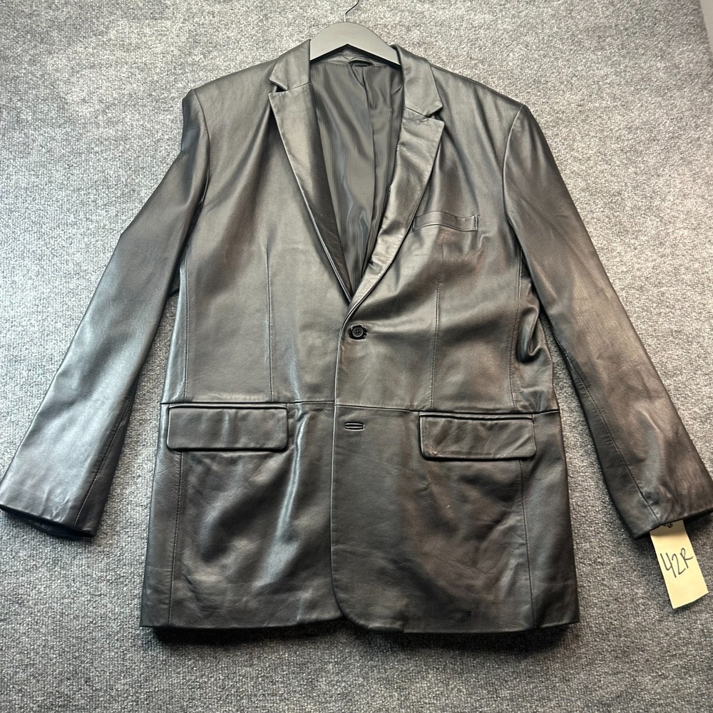 Alfani Genuine Leather Blazer Jacket Mens 42R Black Long Sleeve Single Breasted